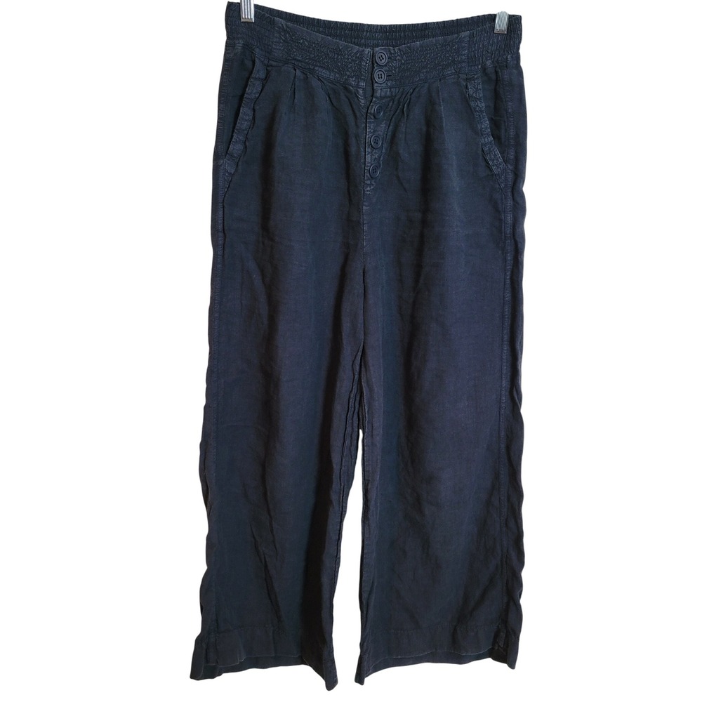 Faherty Women's Linen Wide Leg Cropped Pants Blue Button Fly Smocked Waist Small